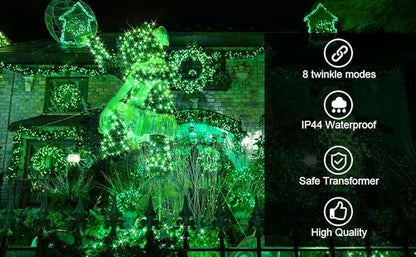 kemooie 300 LED Green Christmas Lights, 99 FT 8 Twinkle Modes Connectable Plug in Green Wire String Lights, Waterproof Christmas Lights for Party Irish St Patrick's Day Xmas Decorations