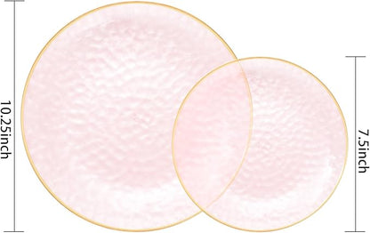 Rubtlamp 100Pcs Clear Pink Gold Plastic Plates, Pink Disposable Plates With Gold Rim, Hammered Plastic Plates Include 50 Clear Dessert Platos, 50 Dinner Platos for Party