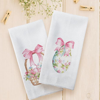 Coquette Pink Bow Easter Kitchen Towels Set of 2, Easter Eggs Decor Hand Towels, PinkEaster Dish Towels Dishcloths Tea Towels for Kitchen, EasterKitchen Bathroom Decor, 16x24 Inch