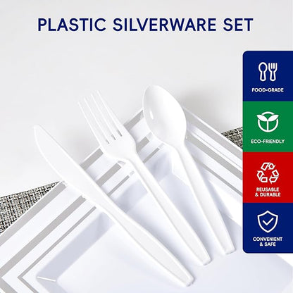JOLLY CHEF 360 Count White Plastic Silverware Heavy Duty, 180 Forks, 120 Spoons, 60 Knives, Heat ResistantPlastic Utensils Set, Disposable Cutlery set, Premium Clear Utencils for Party, Christmas