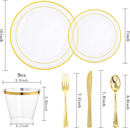 bUCLA 300Pcs Clear Gold Plastic Disposable Dinnerware Set - Clear Plates with Gold Trim Include 50 Dinner / 50 Dessert Plates,50 Cups,150 Plastic Silverware Set for Party