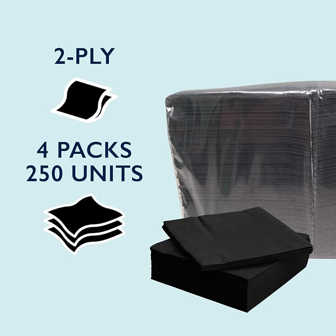 Morcon Valay Beverage Napkins, 2-Ply Paper Napkins for Food and Drink Service, Perfectly Sized Commercial Black Napkins | 4 Packs of 250 Napkins, 1000 Pcs Total