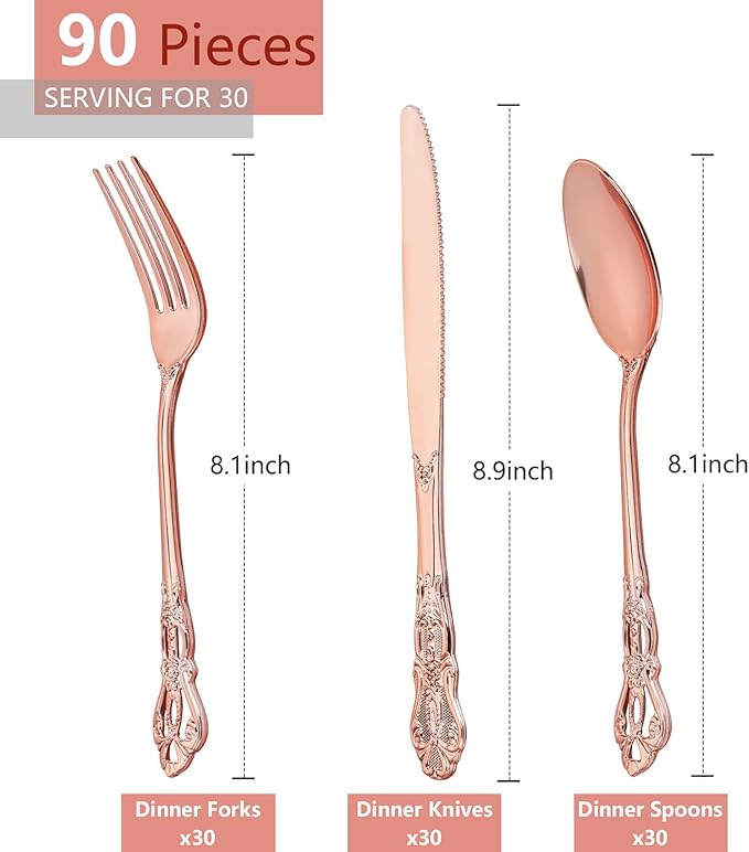 90 Pieces Rose Gold Plastic Silverware - Heavy Duty Disposable Utensils - Fancy Gold Plastic Cutlery Set Includes 30 Forks, 30 Spoons, 30 Knives for Dinner Parties Weddings