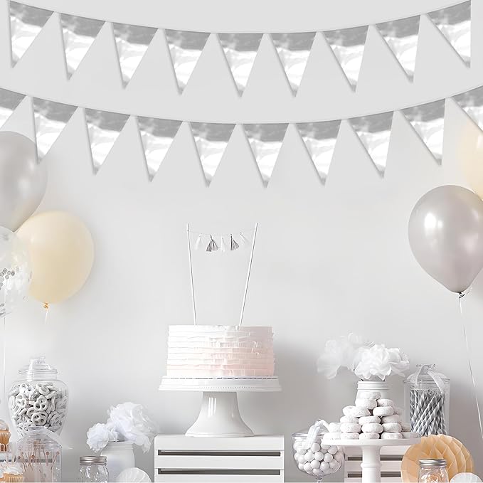 65FT Silver Glitter Triangle Pennant Banner Flag Metallic Bunting Fabric Garland for Christmas Graduation Wedding Engagement Anniversary Bachelorette Birthday Bridal Shower Valentine's Party Supplies