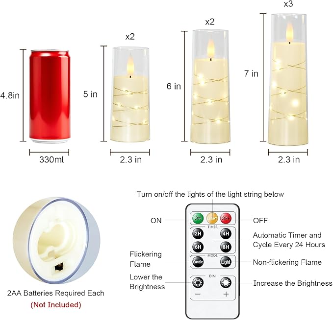 Raycare Flameless Candle with Remote Timer, 7 Flickering Acrylic Battery Operated LED Pillar Candles with Embedded Star String for Christmas, Home Decor, and as a Gift(Ivory)