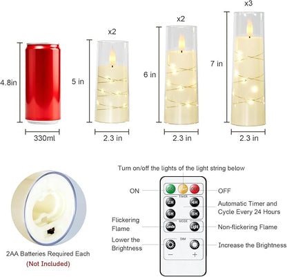 Raycare Flameless Candle with Remote Timer, 7 Flickering Acrylic Battery Operated LED Pillar Candles with Embedded Star String for Christmas, Home Decor, and as a Gift(Ivory)