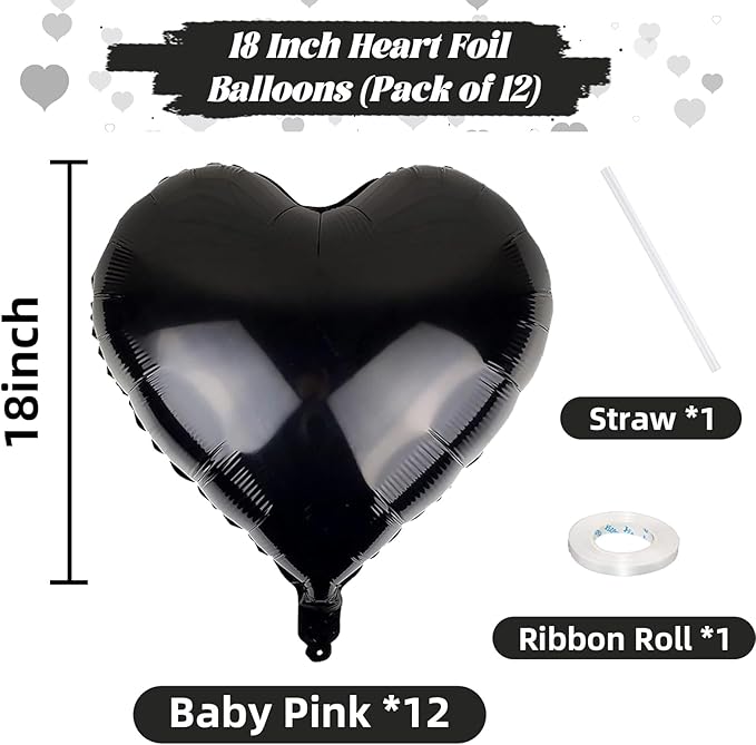 Black Heart Balloons, 18 Inch Black Helium Heart Balloons, 12Pcs Large Black Heart Shape Mylar Balloons, Black Foil Heart Balloons for Boys Men Birthday Graduation Engagement Valentines