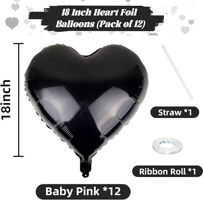 Black Heart Balloons, 18 Inch Black Helium Heart Balloons, 12Pcs Large Black Heart Shape Mylar Balloons, Black Foil Heart Balloons for Boys Men Birthday Graduation Engagement Valentines