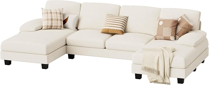 JUMMICO Sectional Couches for Living Room, U Shaped Couch with Chenille Fabric, 4 Seat Modern Sofa with Removable Pillows for Apartment and Small Space (Fabric, White)