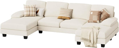 JUMMICO Sectional Couches for Living Room, U Shaped Couch with Chenille Fabric, 4 Seat Modern Sofa with Removable Pillows for Apartment and Small Space (Fabric, White)