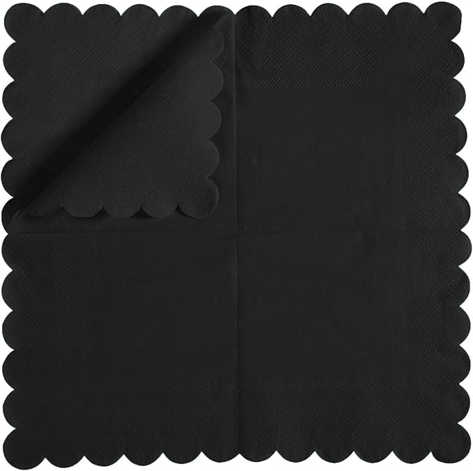 200 Pack Cocktail Napkin 2-Ply Scalloped Edged Dessert Napkins Folded 5 x 5 Inches Disposable Napkins for Dinner Wedding Birthday Party Bridal Anniversary Reception Event (Black)