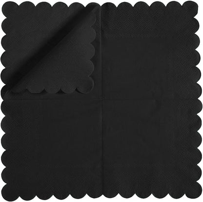 200 Pack Cocktail Napkin 2-Ply Scalloped Edged Dessert Napkins Folded 5 x 5 Inches Disposable Napkins for Dinner Wedding Birthday Party Bridal Anniversary Reception Event (Black)