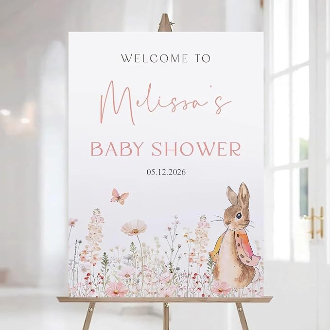 Personalized Bunny Rabbit Baby Shower Welcome Sign for Girl, Pink Peter Rabbit Theme, Greenery Bunny baby shower sign, Gift for Boys & Girls, Gender Reveal Decor, Birthday Party Favors (Style 3)