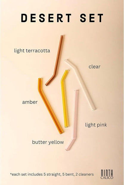10 Pcs Reusable Glass Drinking Straws, Colorful and Durable Glass Straws for Beverages, Smoothies, Iced Coffee, Juice, Set of 10-5 Straight, 5 Bent, 2 Cleaning Brushes (Desert Set)