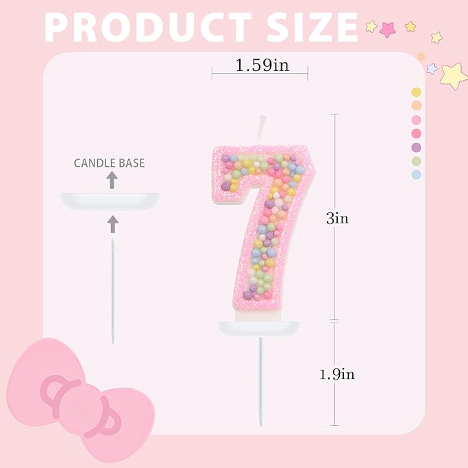 Pink Birthday Candles - Number 7 Candle, Colorful Macaron Candles for Preppy Smiley Face Party Decorations, Sweet Theme Birthday Party Supplies