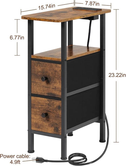 Narrow Nightstand with Charging Station, End Tables Living Room Set of 2, Skinny Side Table with Fabric Drawers, Small Sofa Table with LED Light for Bedroom, Brown, HETNDP02LBR