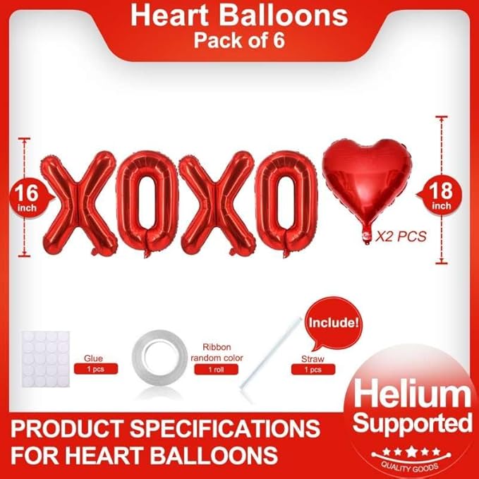 6 Pcs Red Heart Shaped Balloons Red Letters XOXO Valentine Balloons for Valentines Day Bridal Shower Wedding Party Decorations