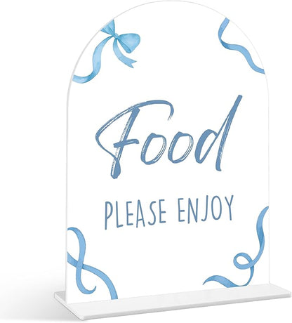 Food Please Enjoy Sign - Blue Bow Baby Shower Sign, 1 Pack Arch Acrylic Sign with Stand, Gender Reveal Party Table Decor, Blue Baby Shower Supplies (SP11)