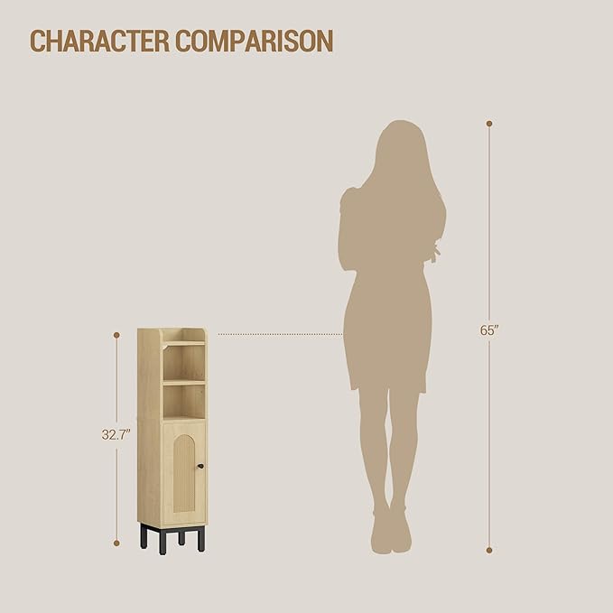 Bathroom Storage Cabinet, Small Corner Floor Cabinet with Door and Shelves, Narrow Toilet Paper Holder, Bathroom Organizer with Adjustable Shelf, for Small Spaces, Rattan Yellow BC08202Y