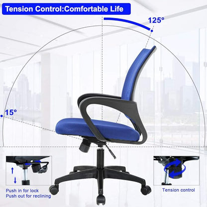 BestOffice | Ergonomic Office Chair | Mid-Back Swivel Desk Chair | Breathable Backrest & Lumbar Support | Adjustable Height | Sponge Seat | Rolling Wheels | Blue | for Adults & Women
