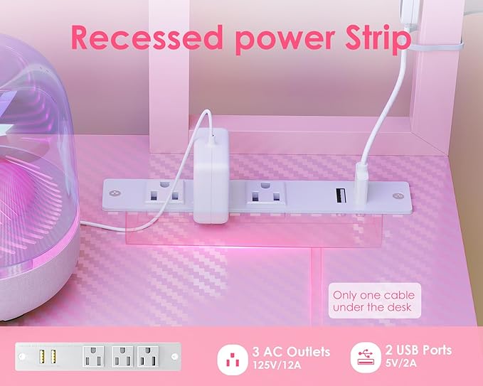 AODK L Shaped Desk Gaming Desk with LED Light & Power Outlet, 53 Inch Reversible L Shaped Computer Table with Shelf & Storage Bag & Hook for Home Office, Pink