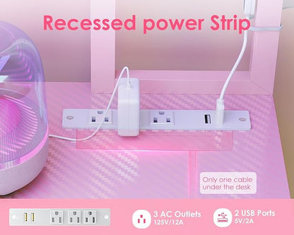 AODK L Shaped Desk Gaming Desk with LED Light & Power Outlet, 53 Inch Reversible L Shaped Computer Table with Shelf & Storage Bag & Hook for Home Office, Pink