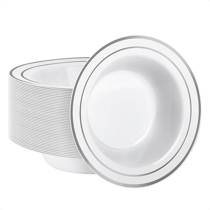 Goodluck 50 Pack Plastic Bowls with Silver Rim, 12oz Disposable Soup Bowls for Weddings, Parties, Dinners, Catering, and Everyday Use