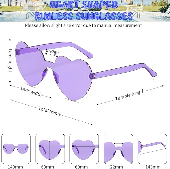 12/20/24 Pairs Heart Sunglasses for Women Men, Trendy Heart Shaped Rimless Transparent Sunglasses, Bachelorette Party