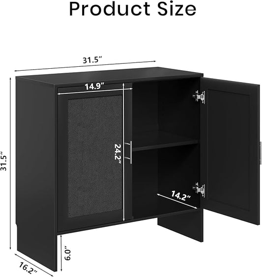 DHZ Buffet Cabinet with Storage & Adjustable Shelf - Farmhouse Sideboard with Black Rattan Decorated Doors, Coffee Bar Cabinet for Kitchen, Dining Room Organizer