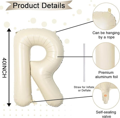 40 Inch Letter Balloons R, Big Custom A-Z Alphabet Foil Name Balloon Cream White, Self Inflating Beige Customize Helium Balloon Letters R for Women Girls Birthday Bride Baby Shower Party Decorations