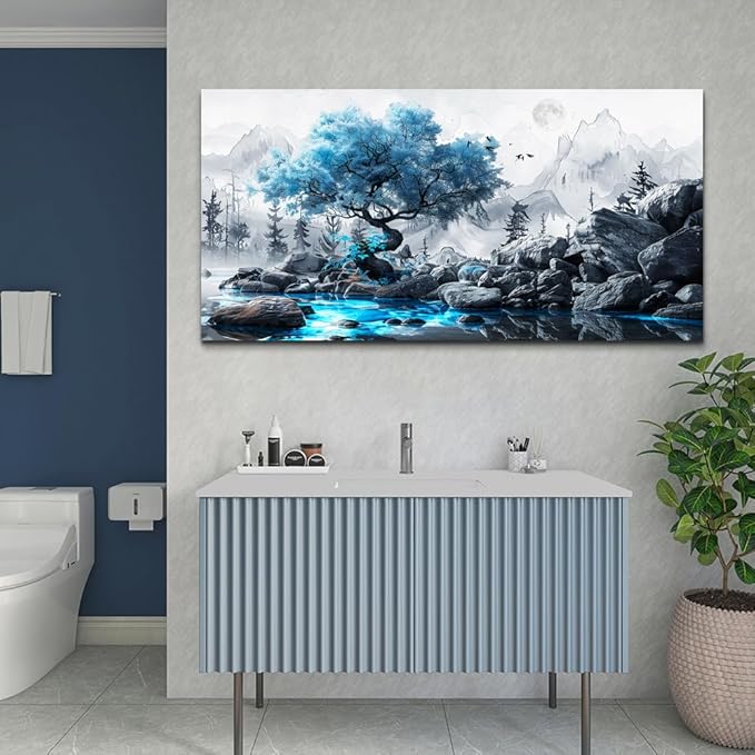 FUHAIHUA Canvas Wall Art For Living Room Large Wall Decor For Office Bedroom Decor Black And White Wall Pictures Artwork Blue Tree Landscape Paintings Ready To Hang Hotel Room Decoration 30x60 In