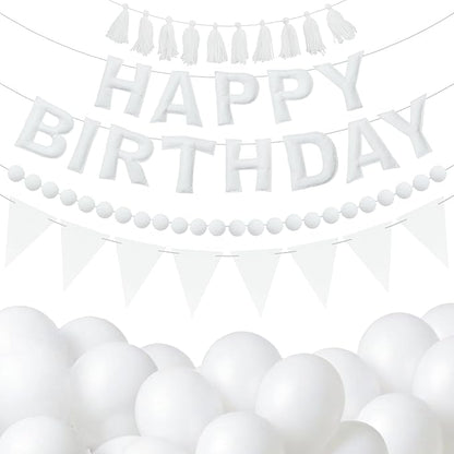 White Themed Birthday Decoration Set, White Pre-Strung 3D Felt Happy Birthday Banners, Pom-Pom Garland, Party Pennant Felt Banner Flags, Tassel Garland, Balloons, Reusable Party Decor,Photo Prop