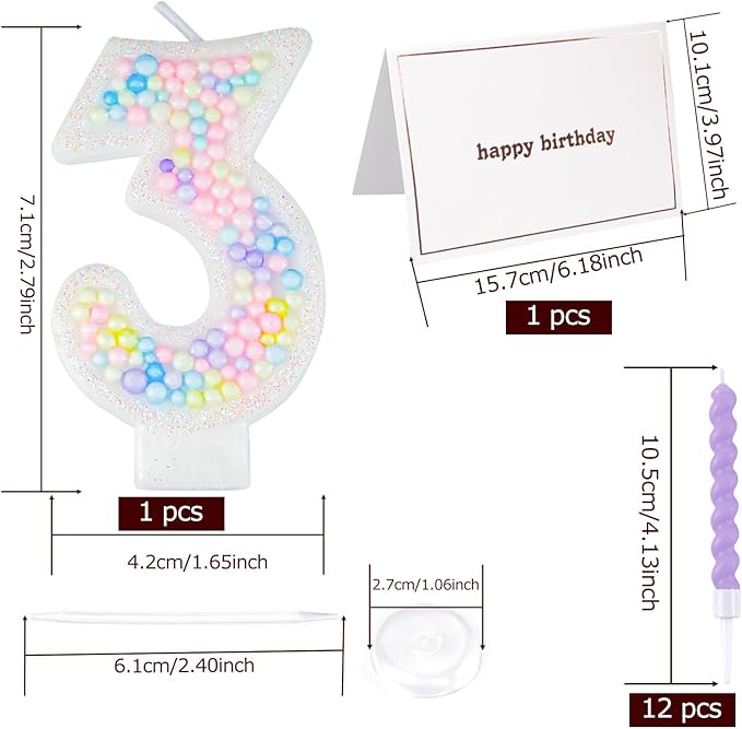 Number Birthday Candle with 12PCS Spiral Candles and A Birthday Card - Perfect for Celebrating Birthdays (Macaron Glitter, Number 3)