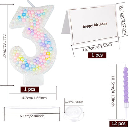Number Birthday Candle with 12PCS Spiral Candles and A Birthday Card - Perfect for Celebrating Birthdays (Macaron Glitter, Number 3)