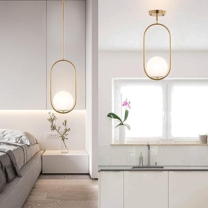 Modern Gold Globe Pendant Light Mid Century Chandelier 1-Light Brushed Brass Ceiling Hanging Lighting Fixture with White Globe Glass Lampshade for Kitchen Island Dining Room Bedroom (2 Pack)