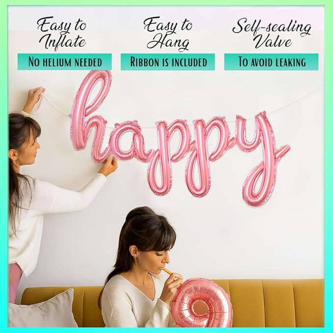 Rose Gold Happy Birthday Balloons Banner | Script/Cursive Rose Gold Letter Balloon Sign For Birthday Party Decor/Decoration | Foil Mylar Happy Birthday Banner