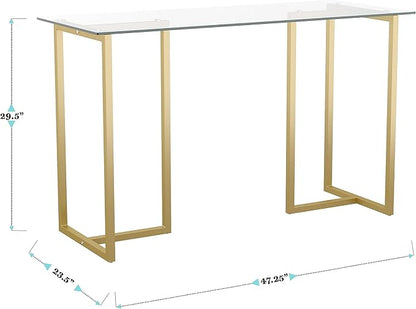 Martha Stewart Eli Home Office Desk with Glass Top and Steel Frame, Polished Brass