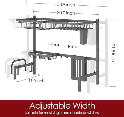 Over The Sink Dish Drying Rack - Adjustable 2 Tier Large Capacity Stainless Steel Drainer with Cutlery & Utensil Holders, Kitchen Storage & Organization, 30"-33.9" L x 11" W x 21.5" H, Gray