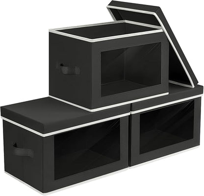 Storage Boxes with Lids - 3 Pack Fabric Clear Window Storage Bins, Collapsible Storage Bins with Lids, Linen Closet Organizer for Clothes, Towel, Blanket, Black