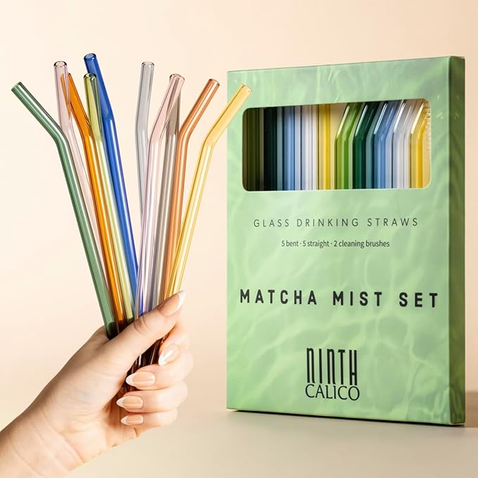 10 Pcs Matcha Reusable Glass Drinking Straws, Colorful and Durable Glass Straws for Beverages, Smoothies, Iced Coffee, Juice, Set of 10-5 Straight, 5 Bent, 2 Cleaning Brushes (Matcha Mist Set)