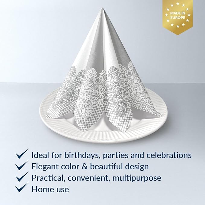 PAW - 50 Pieces Linen-Feel Paper Napkins 16" x 16", Disposable Cloth-Like Napkins with Reverse Silver Lace Design, Dinner Napkins for Party, Wedding, Christmas