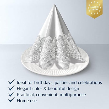 PAW - 50 Pieces Linen-Feel Paper Napkins 16" x 16", Disposable Cloth-Like Napkins with Reverse Silver Lace Design, Dinner Napkins for Party, Wedding, Christmas