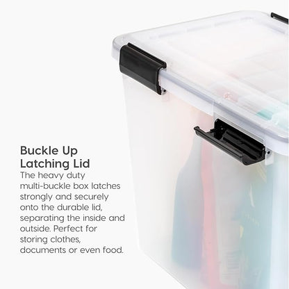 IRIS USA File Box WeatherPro File Organizer Plastic File Box for Letter/Legal File, Water Resistant Document Box, Durable Lid, Seal w/Secure Latching Buckles, Stackable, Nestable, Clear 32 Qt. 4Pack