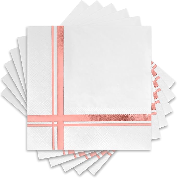 Rose Gold on White Cocktail Napkins - 100 Pack, 5" x 5", 3-Ply Paper - Style Name: Blissful Crossing
