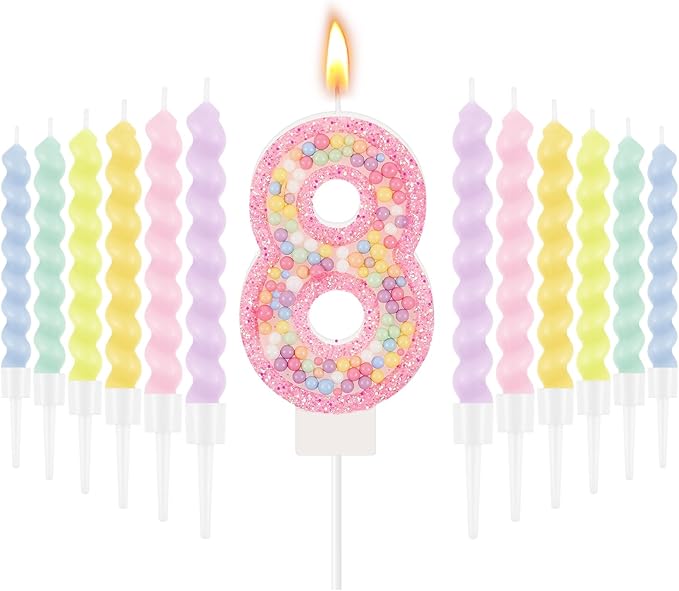 MTLEE Number 8 Birthday Candle with 12 Pcs Spiral Candles for Girls Macaron Pastel Rainbow Unicorn Pink Cake Topper for Sweet Theme Party Decoration