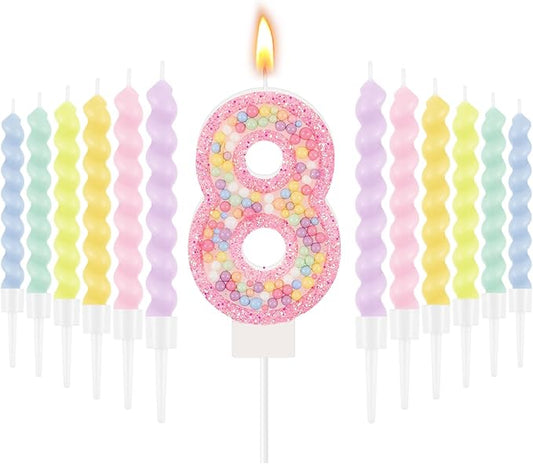 MTLEE Number 8 Birthday Candle with 12 Pcs Spiral Candles for Girls Macaron Pastel Rainbow Unicorn Pink Cake Topper for Sweet Theme Party Decoration