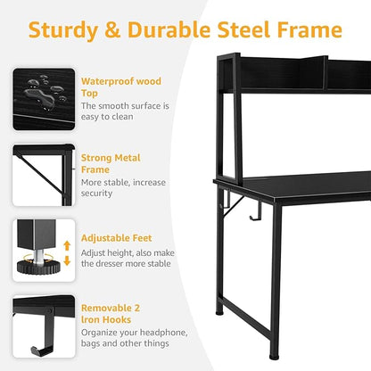 DLisiting Black Computer Desk with Hutch & Drawers - Office Desk with 3 Storage Drawers and Power Outlets, 47 Inch Modern Study Writing Desk for Bedroom Home Office