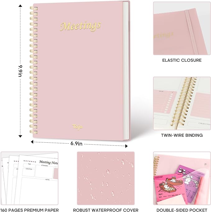Meeting Notebook for Work Organization - Work Planner Notebook with Action Items, Agenda Planner for Note Taking, 160 Pages (6.9" X 9.9") Project Organizer for Men & Women - Pink