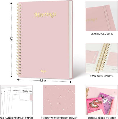 Meeting Notebook for Work Organization - Work Planner Notebook with Action Items, Agenda Planner for Note Taking, 160 Pages (6.9" X 9.9") Project Organizer for Men & Women - Pink