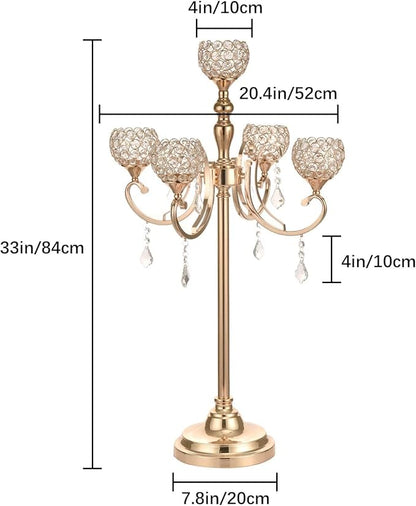 4Pack Gold 5 Arm Crystal Candelabras Centerpieces for Wedding,33 Inches Tall Crystal Candlestick Holders Table Top Chandelier Centerpiece for Party Events Baby Shower Christmas Decoration